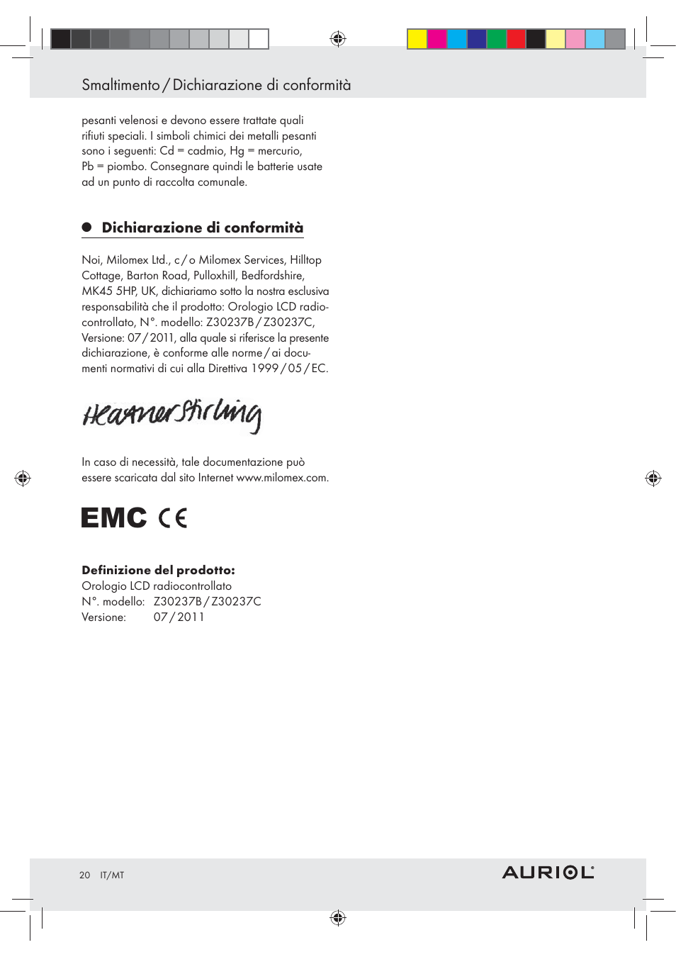 Smaltimento / dichiarazione di conformità | Auriol Z30237B_C User Manual | Page 20 / 45
