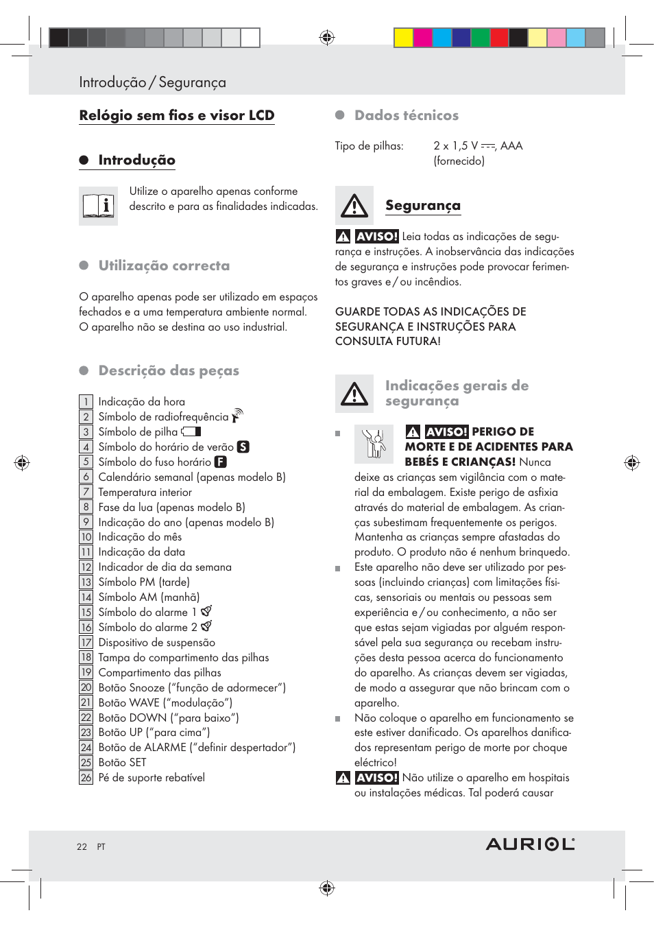 Introdução / segurança, Relógio sem ﬁos e visor lcd introdução, Utilização correcta | Descrição das peças, Dados técnicos, Segurança, Indicações gerais de segurança | Auriol Z30237B_C User Manual | Page 22 / 45