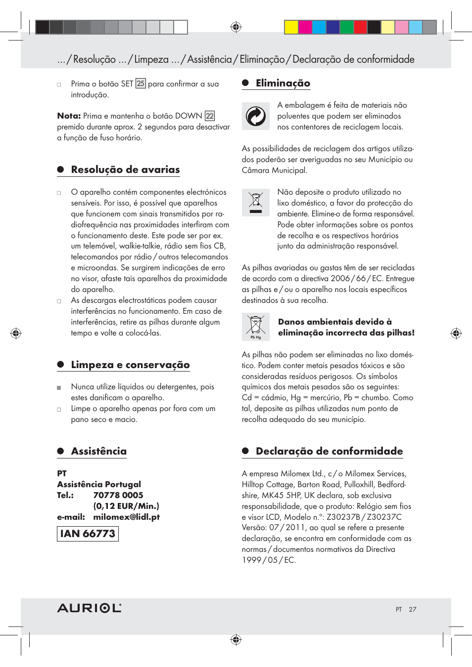 Resolução de avarias, Limpeza e conservação, Assistência | Eliminação, Declaração de conformidade | Auriol Z30237B_C User Manual | Page 27 / 45