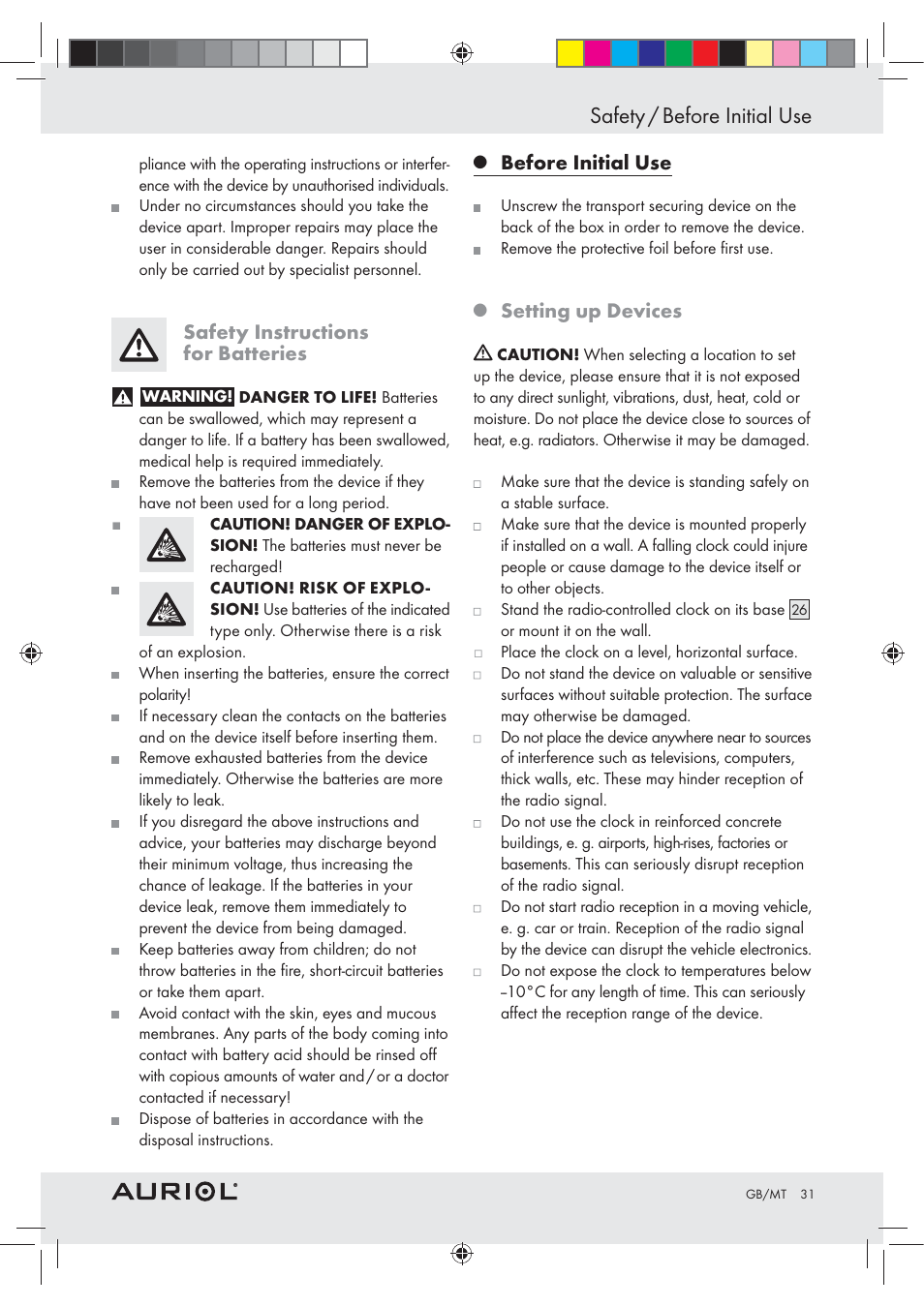 Safety / before initial use, Safety instructions for batteries, Before initial use | Setting up devices | Auriol Z30237B_C User Manual | Page 31 / 45