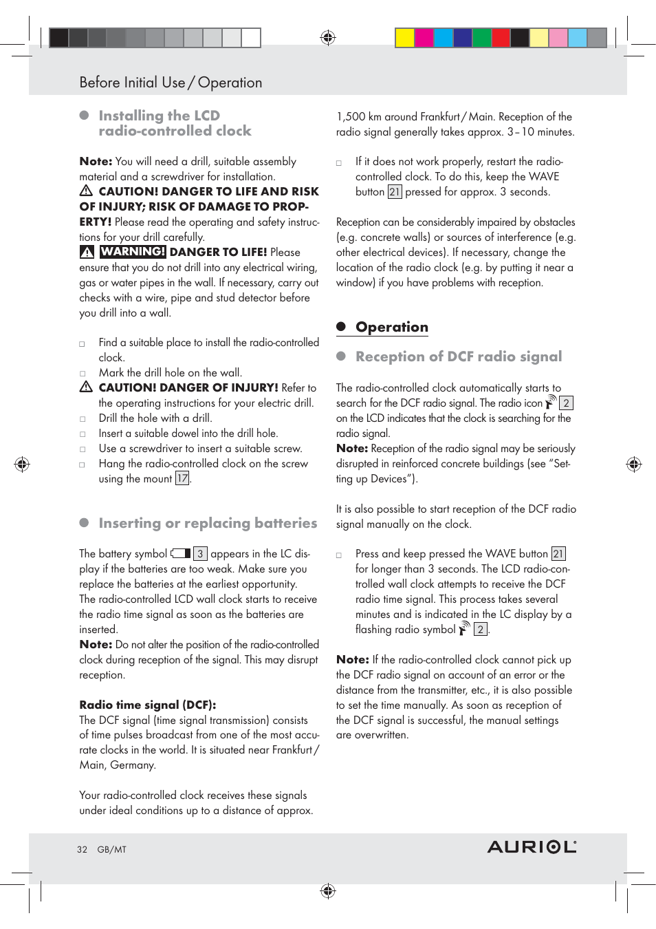 Before initial use / operation, Installing the lcd radio-controlled clock, Inserting or replacing batteries | Operation, Reception of dcf radio signal | Auriol Z30237B_C User Manual | Page 32 / 45