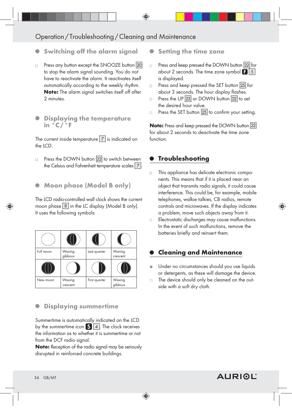 Switching oﬀ the alarm signal, Displaying the temperature in °c / °f, Moon phase (model b only) | Displaying summertime, Setting the time zone, Troubleshooting, Cleaning and maintenance | Auriol Z30237B_C User Manual | Page 34 / 45