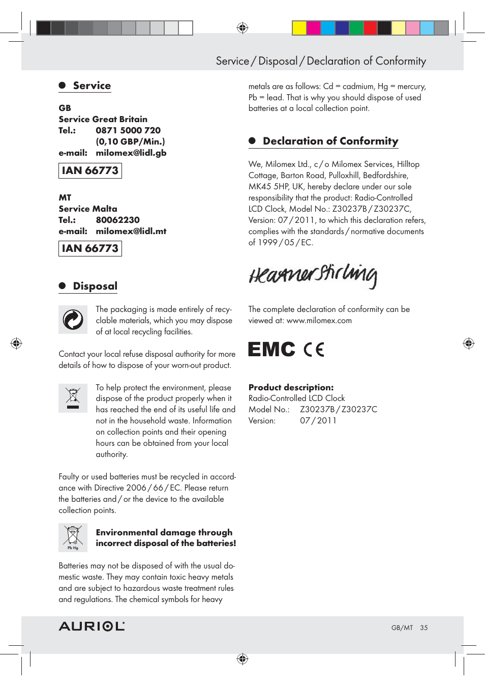 Service / disposal / declaration of conformity | Auriol Z30237B_C User Manual | Page 35 / 45