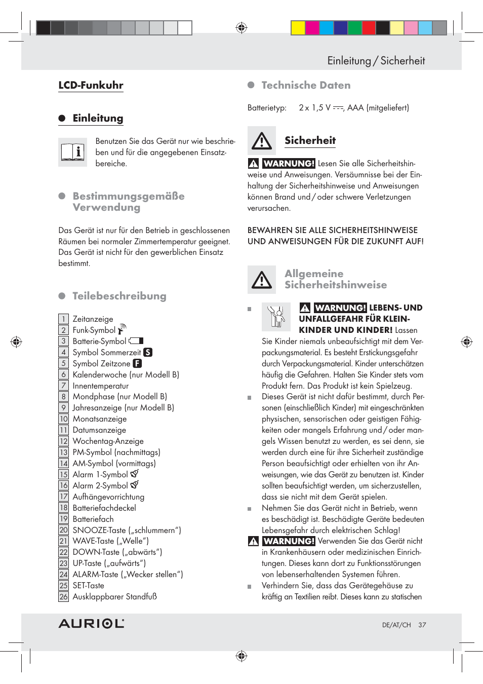 Einleitung / sicherheit, Lcd-funkuhr, Einleitung | Bestimmungsgemäße verwendung, Teilebeschreibung, Technische daten, Sicherheit, Allgemeine sicherheitshinweise | Auriol Z30237B_C User Manual | Page 37 / 45