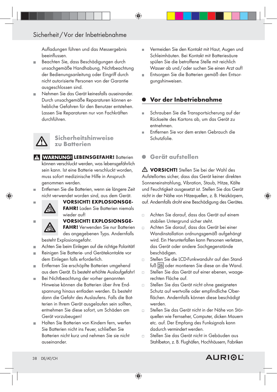 Sicherheit / vor der inbetriebnahme, Sicherheitshinweise zu batterien, Vor der inbetriebnahme | Gerät aufstellen | Auriol Z30237B_C User Manual | Page 38 / 45
