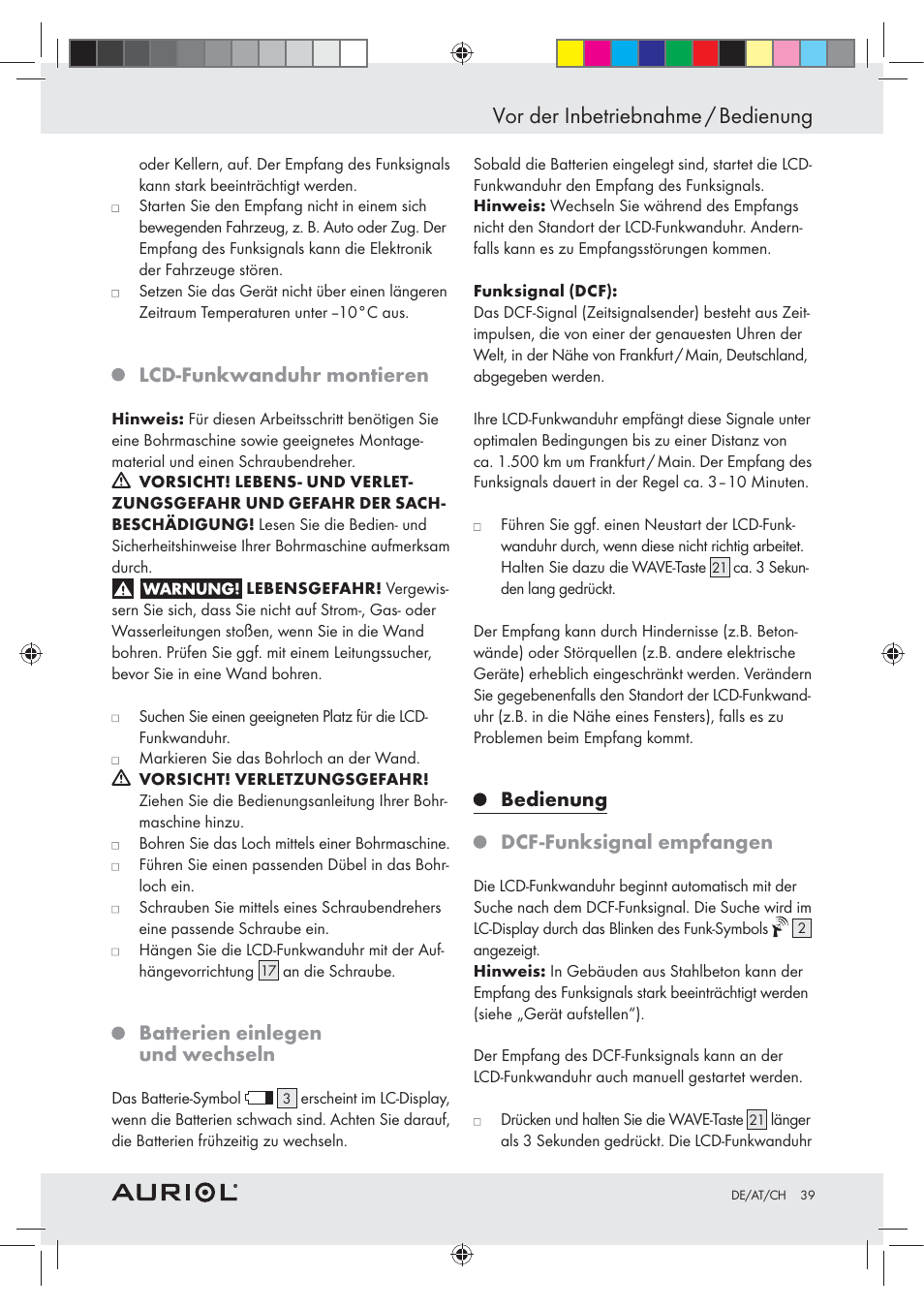 Vor der inbetriebnahme / bedienung, Lcd-funkwanduhr montieren, Batterien einlegen und wechseln | Bedienung dcf-funksignal empfangen | Auriol Z30237B_C User Manual | Page 39 / 45