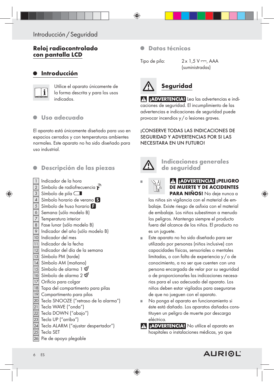 Introducción / seguridad, Uso adecuado, Descripción de las piezas | Datos técnicos, Seguridad, Indicaciones generales de seguridad | Auriol Z30237B_C User Manual | Page 6 / 45