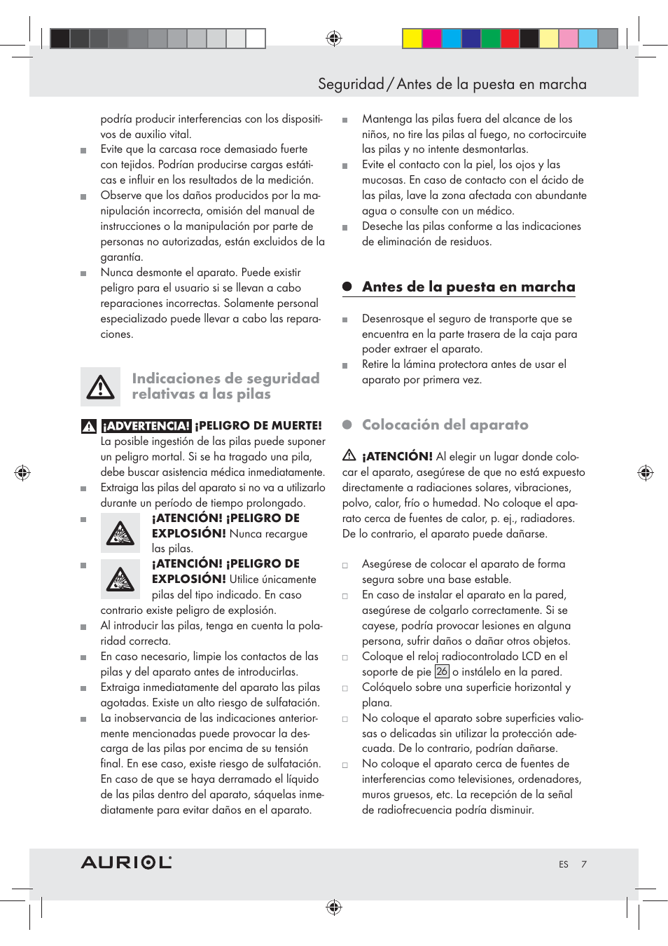 Seguridad / antes de la puesta en marcha, Indicaciones de seguridad relativas a las pilas, Antes de la puesta en marcha | Colocación del aparato | Auriol Z30237B_C User Manual | Page 7 / 45