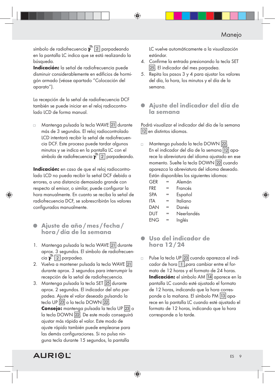 Manejo, Ajuste del indicador del día de la semana, Uso del indicador de hora 12 / 24 | Auriol Z30237B_C User Manual | Page 9 / 45