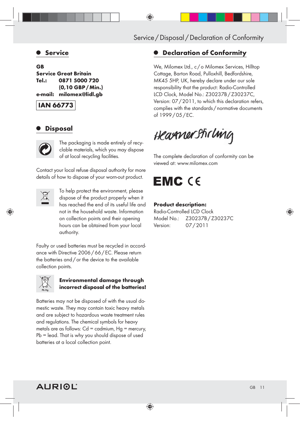 Service / disposal / declaration of conformity, Service, Disposal | Declaration of conformity | Auriol Z30237B_C User Manual | Page 11 / 56