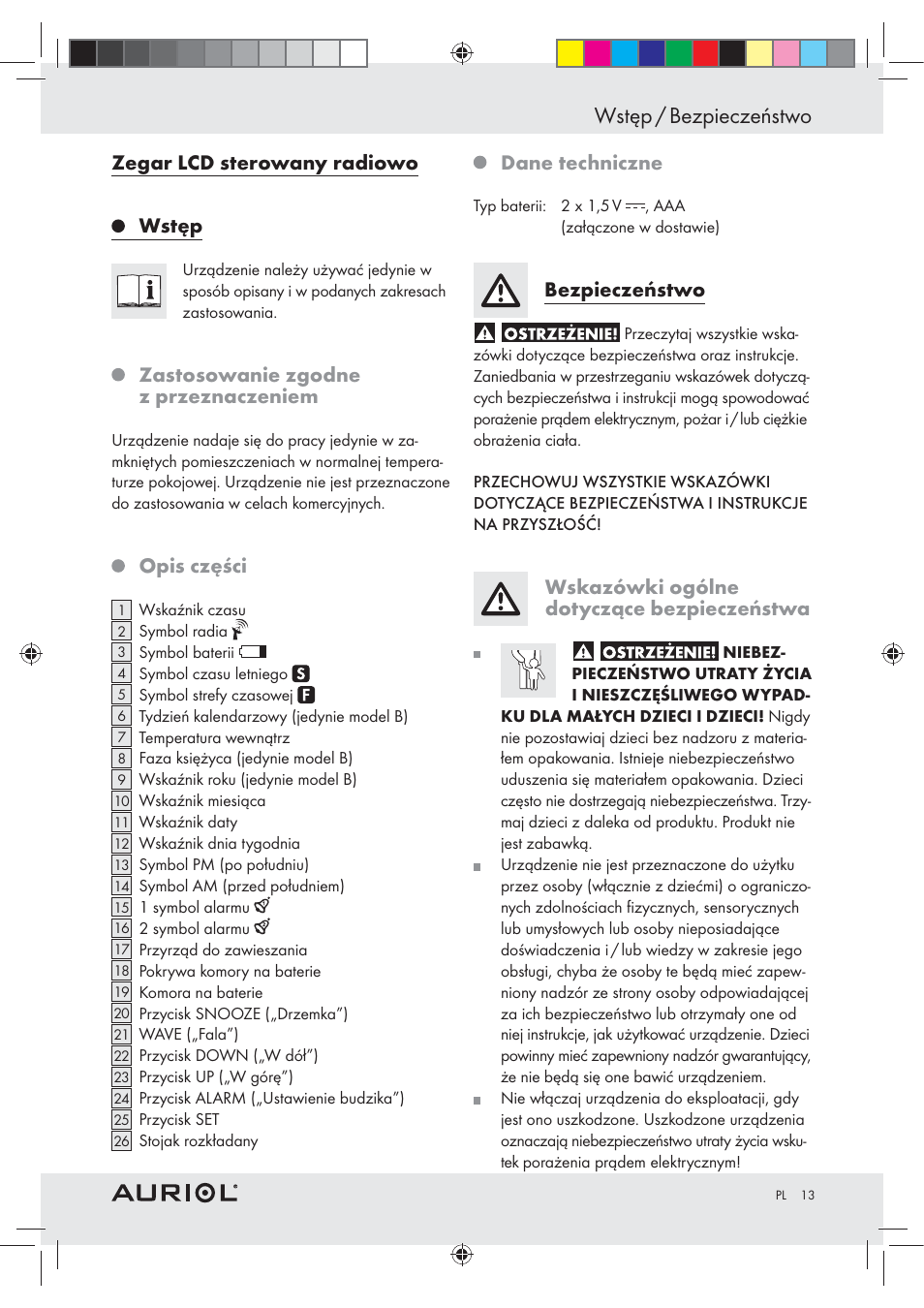 Wstęp / bezpieczeństwo, Zegar lcd sterowany radiowo, Wstęp | Zastosowanie zgodne z przeznaczeniem, Opis części, Dane techniczne, Bezpieczeństwo, Wskazówki ogólne dotyczące bezpieczeństwa | Auriol Z30237B_C User Manual | Page 13 / 56