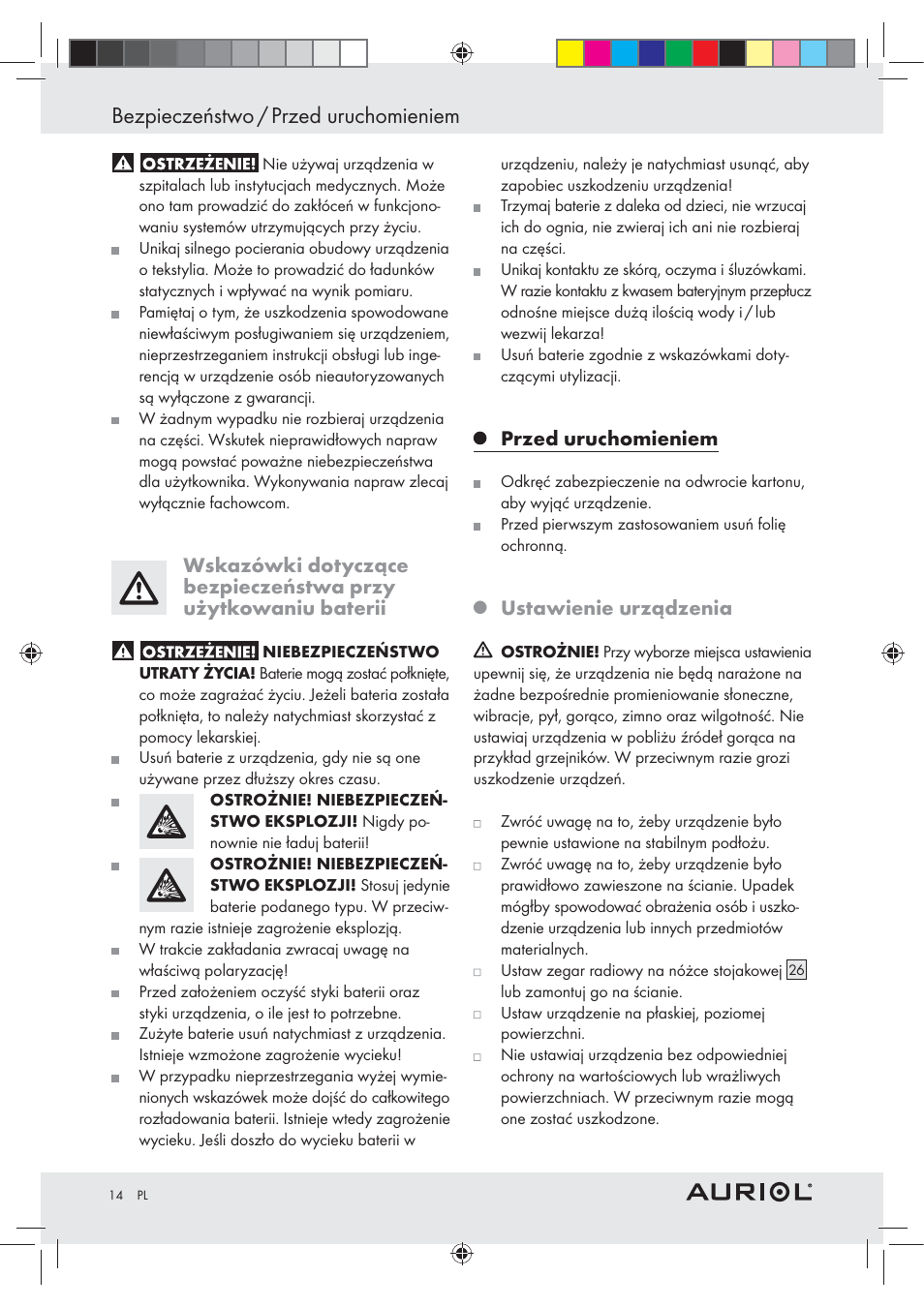 Bezpieczeństwo / przed uruchomieniem, Przed uruchomieniem, Ustawienie urządzenia | Auriol Z30237B_C User Manual | Page 14 / 56