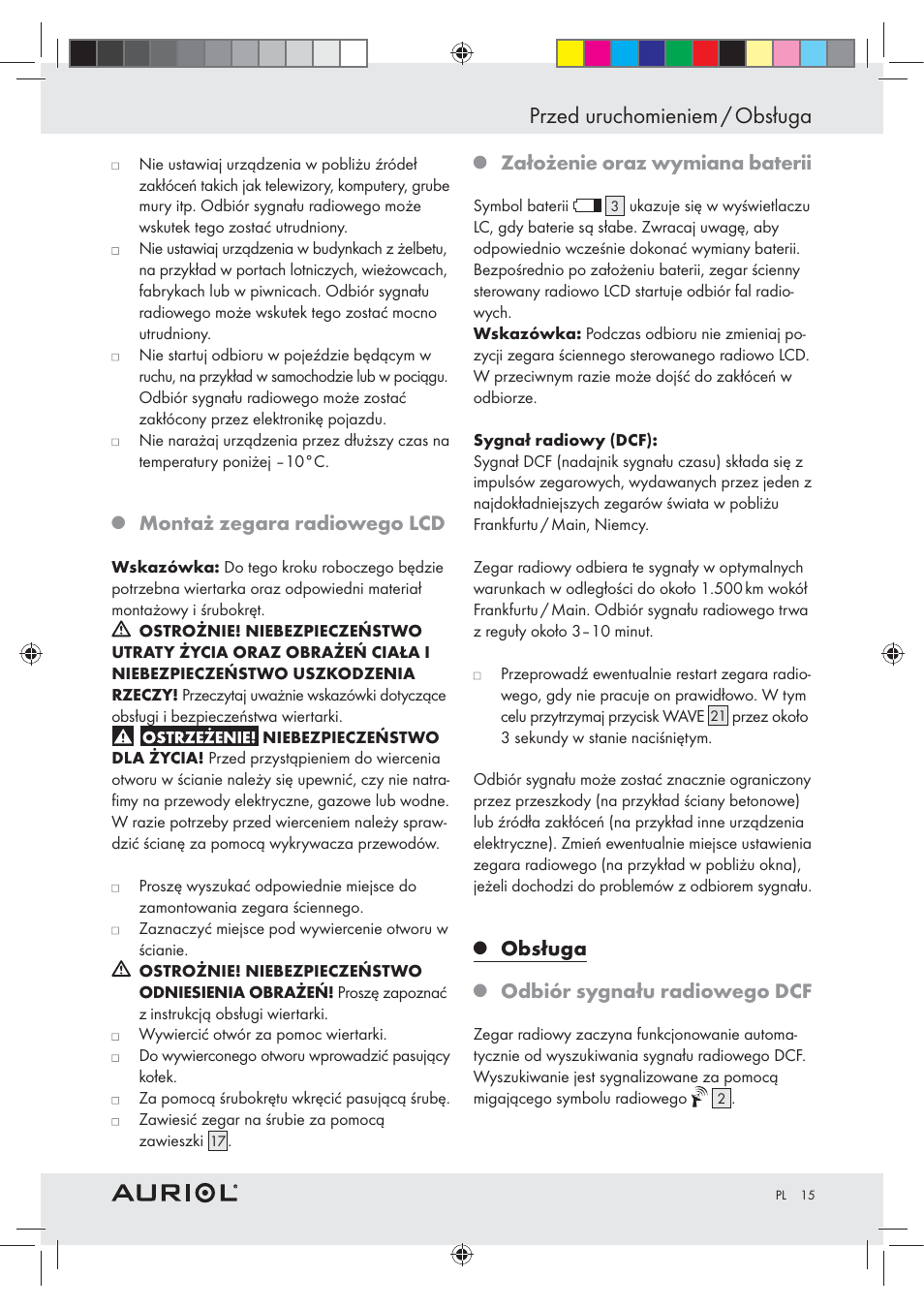 Przed uruchomieniem / obsługa, Montaż zegara radiowego lcd, Założenie oraz wymiana baterii | Obsługa, Odbiór sygnału radiowego dcf | Auriol Z30237B_C User Manual | Page 15 / 56