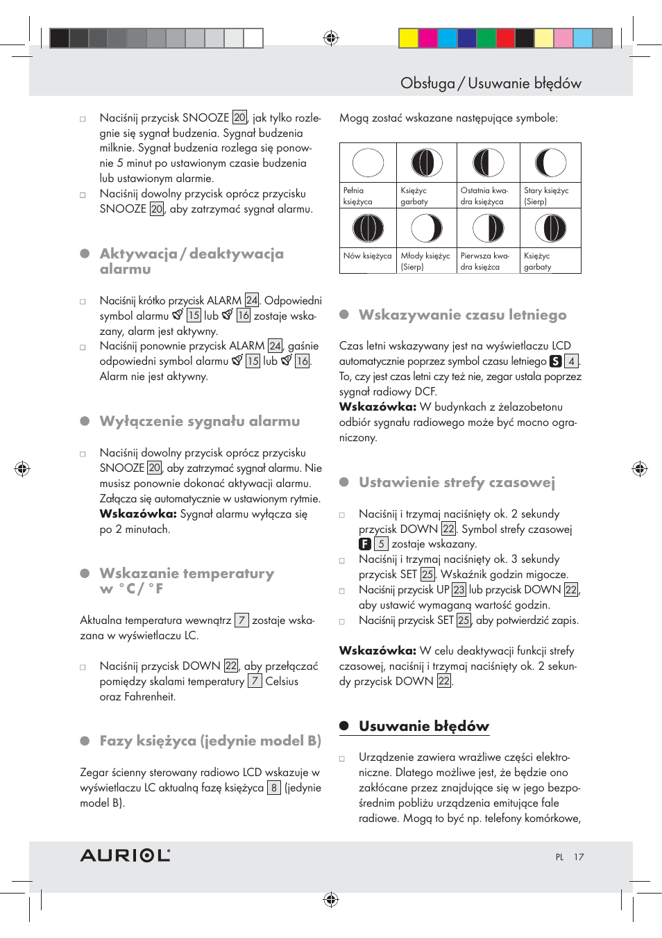 Obsługa / usuwanie błędów, Aktywacja / deaktywacja alarmu, Wyłączenie sygnału alarmu | Wskazanie temperatury w °c / °f, Fazy księżyca (jedynie model b), Wskazywanie czasu letniego, Ustawienie strefy czasowej, Usuwanie błędów | Auriol Z30237B_C User Manual | Page 17 / 56