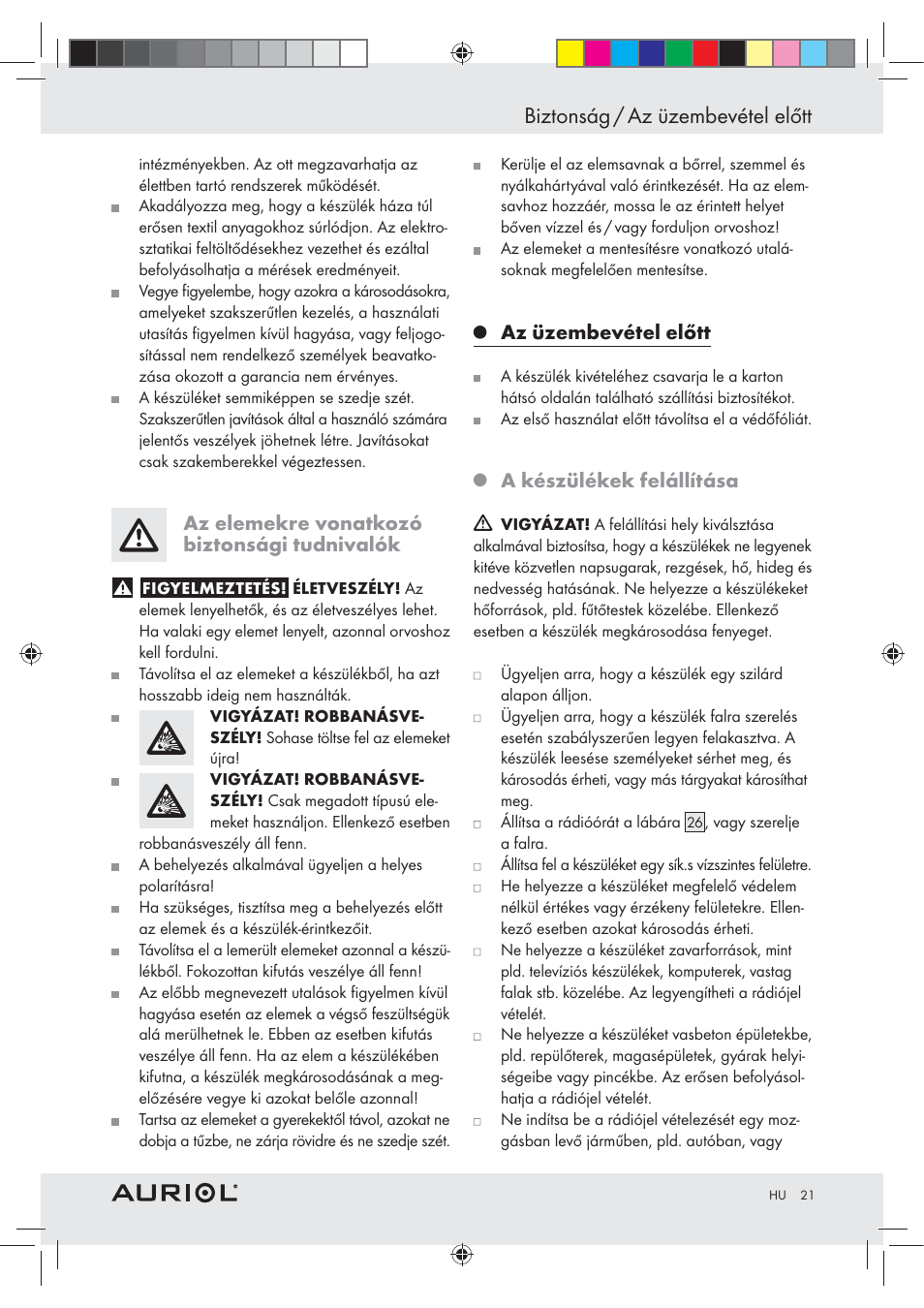 Biztonság / az üzembevétel előtt, Az elemekre vonatkozó biztonsági tudnivalók, Az üzembevétel előtt | A készülékek felállítása | Auriol Z30237B_C User Manual | Page 21 / 56
