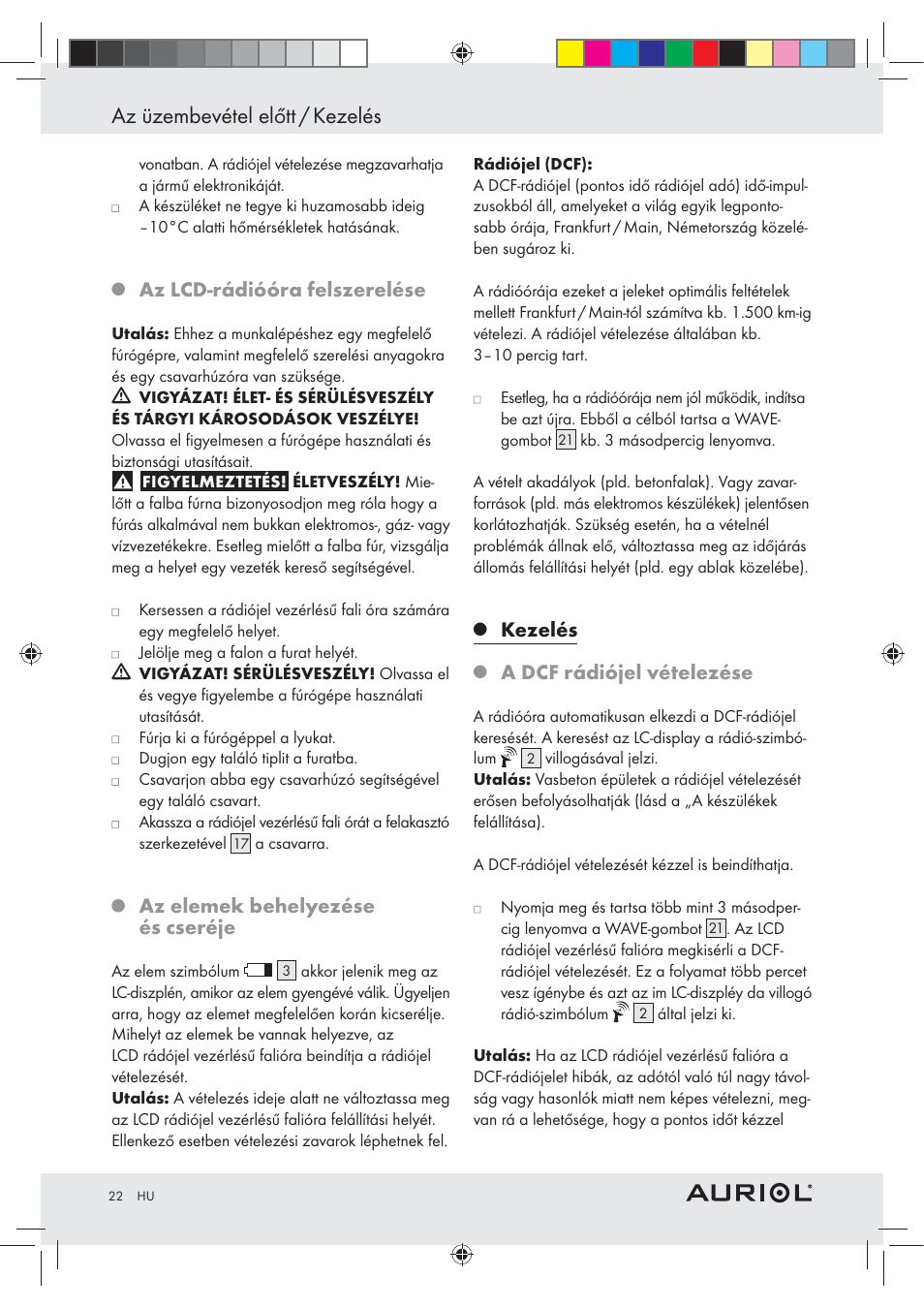 Az üzembevétel előtt / kezelés, Az lcd-rádióóra felszerelése, Az elemek behelyezése és cseréje | Kezelés, A dcf rádiójel vételezése | Auriol Z30237B_C User Manual | Page 22 / 56