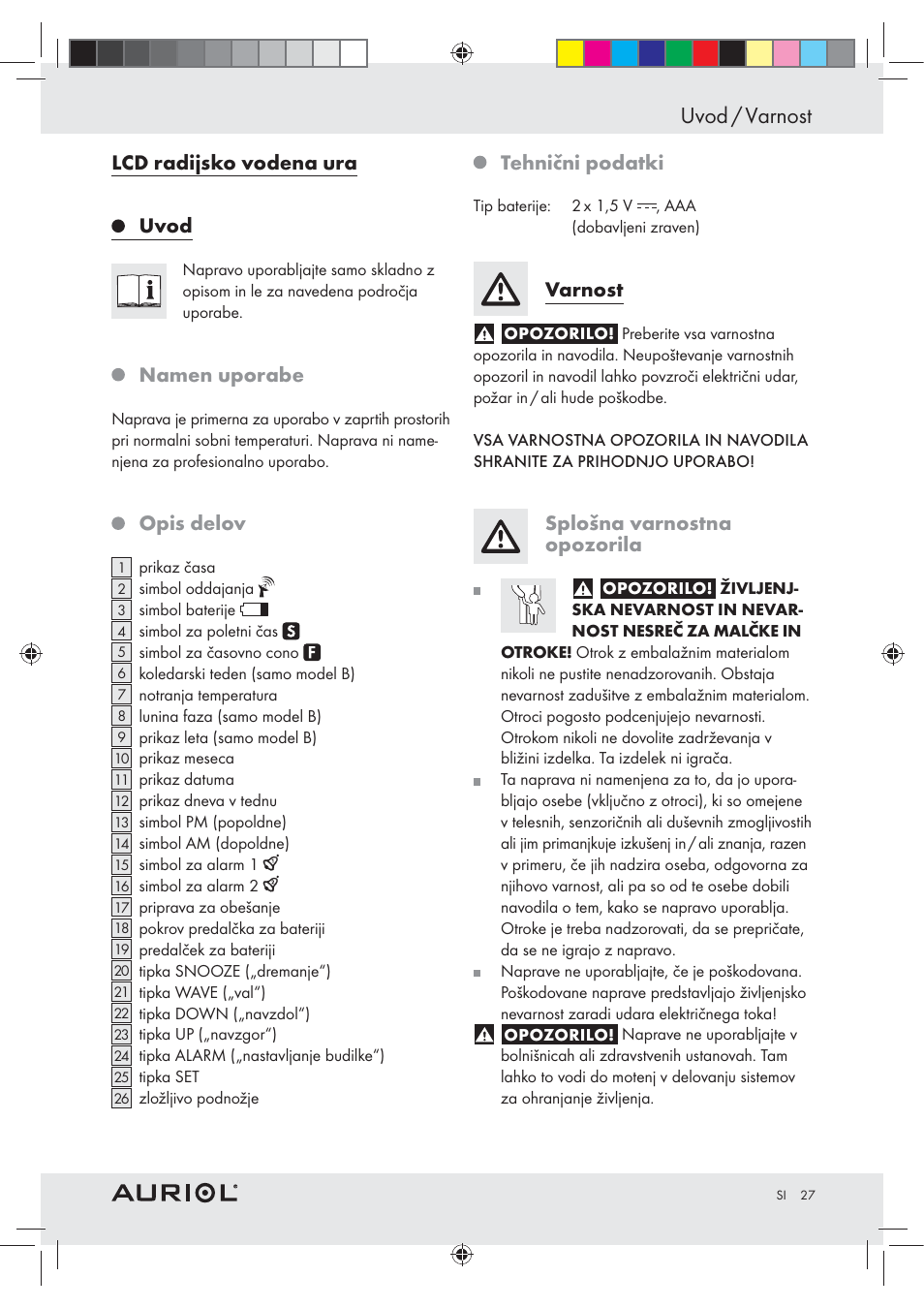 Uvod / varnost, Lcd radijsko vodena ura uvod, Namen uporabe | Opis delov, Tehnični podatki, Varnost, Splošna varnostna opozorila | Auriol Z30237B_C User Manual | Page 27 / 56