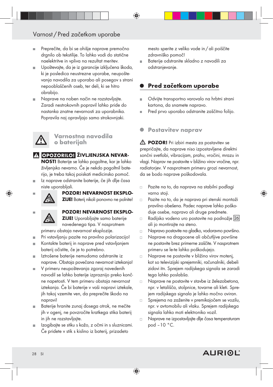 Varnost / pred začetkom uporabe, Varnostna navodila o baterijah, Pred začetkom uporabe | Postavitev naprav | Auriol Z30237B_C User Manual | Page 28 / 56
