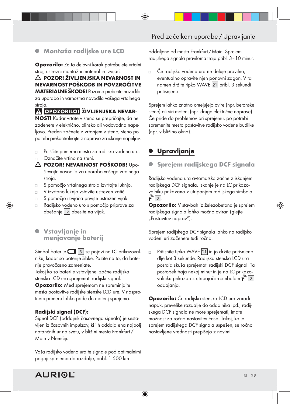 Pred začetkom uporabe / upravljanje, Montaža radijske ure lcd, Vstavljanje in menjavanje baterij | Upravljanje, Sprejem radijskega dcf signala | Auriol Z30237B_C User Manual | Page 29 / 56
