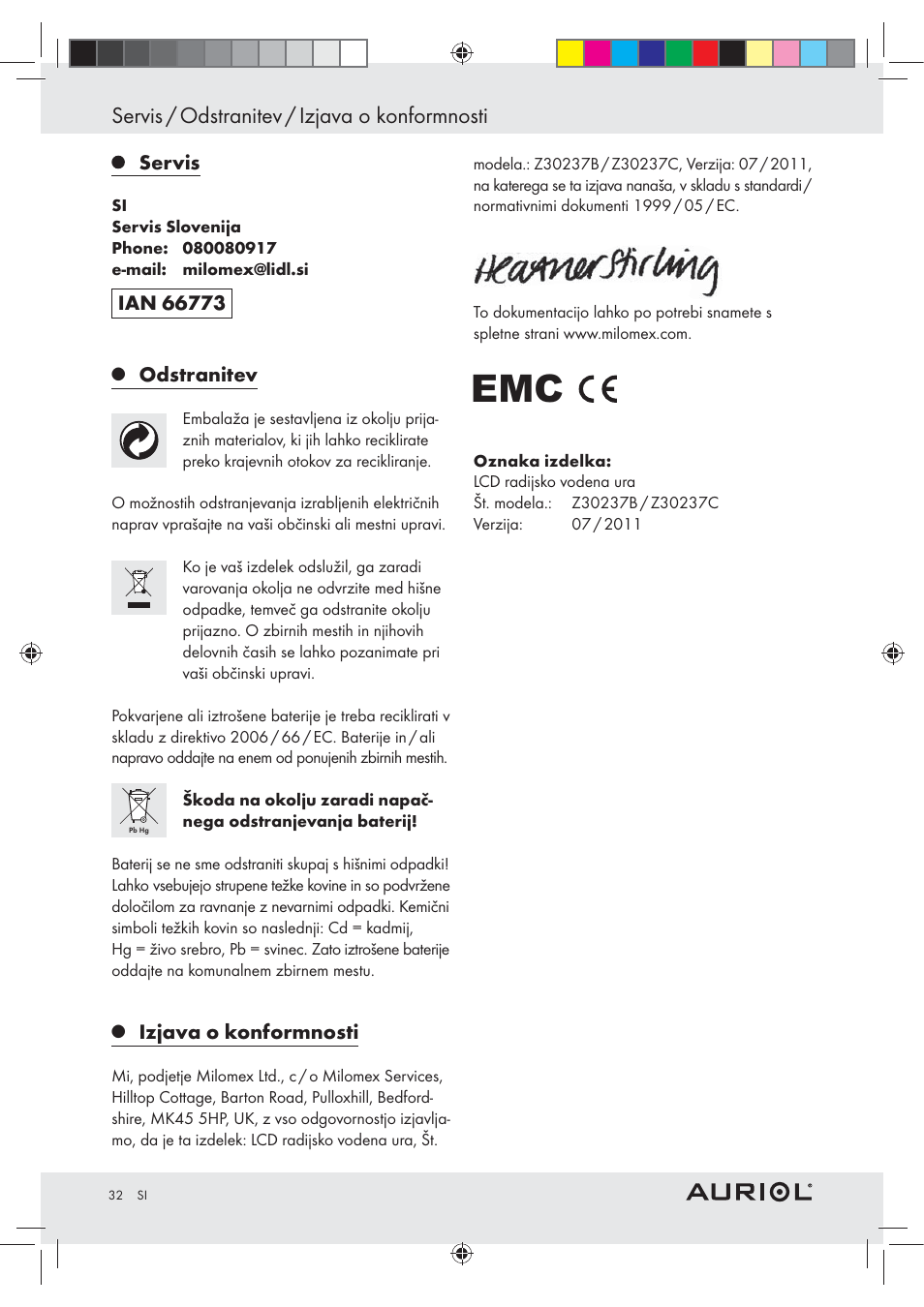 Servis / odstranitev / izjava o konformnosti | Auriol Z30237B_C User Manual | Page 32 / 56