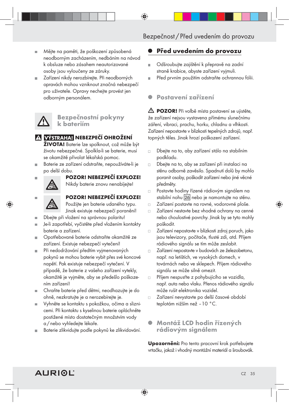 Bezpečnost / před uvedením do provozu, Bezpečnostní pokyny k bateriím, Před uvedením do provozu | Postavení zařízení, Montáž lcd hodin řízených rádiovým signálem | Auriol Z30237B_C User Manual | Page 35 / 56