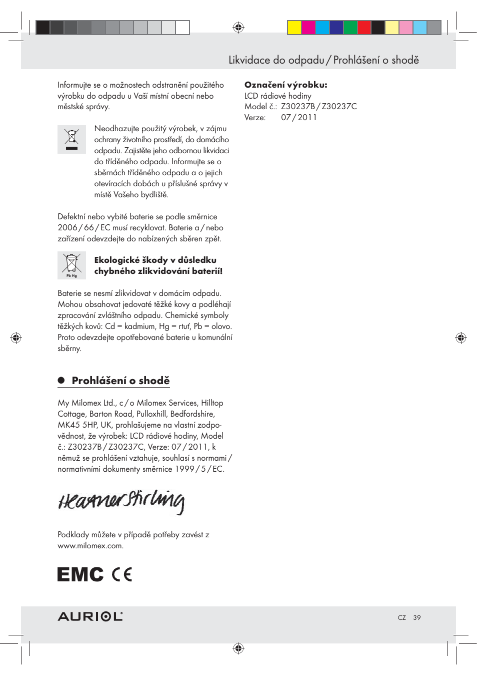 Likvidace do odpadu / prohlášení o shodě | Auriol Z30237B_C User Manual | Page 39 / 56