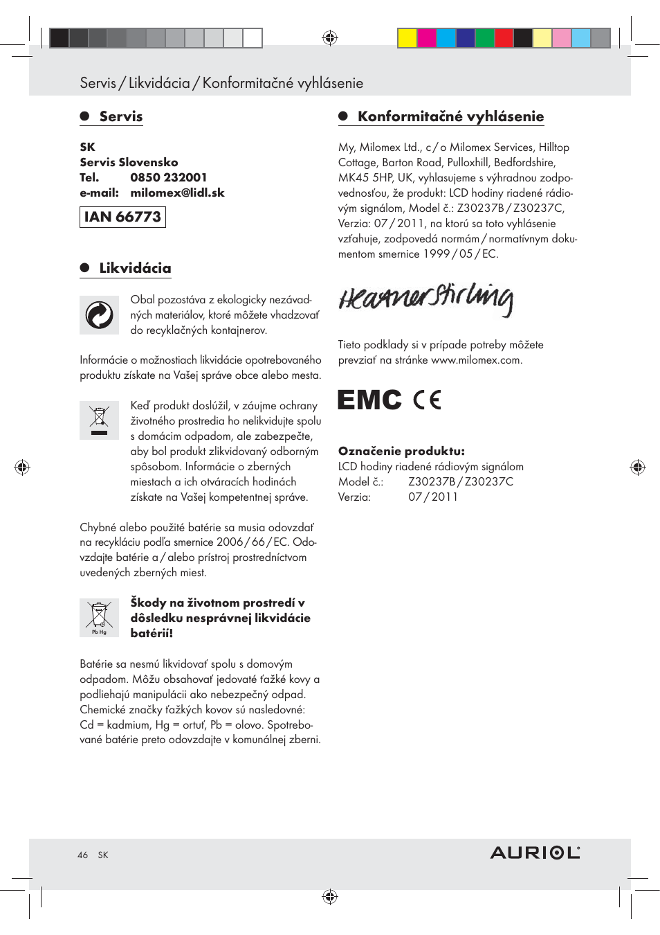 Servis / likvidácia / konformitačné vyhlásenie | Auriol Z30237B_C User Manual | Page 46 / 56