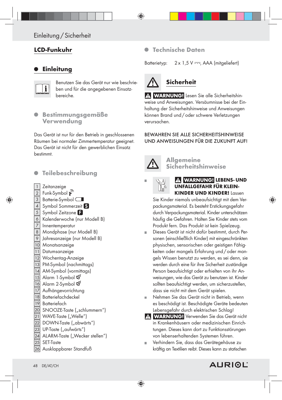 Einleitung / sicherheit, Lcd-funkuhr, Einleitung | Bestimmungsgemäße verwendung, Teilebeschreibung, Technische daten, Sicherheit, Allgemeine sicherheitshinweise | Auriol Z30237B_C User Manual | Page 48 / 56