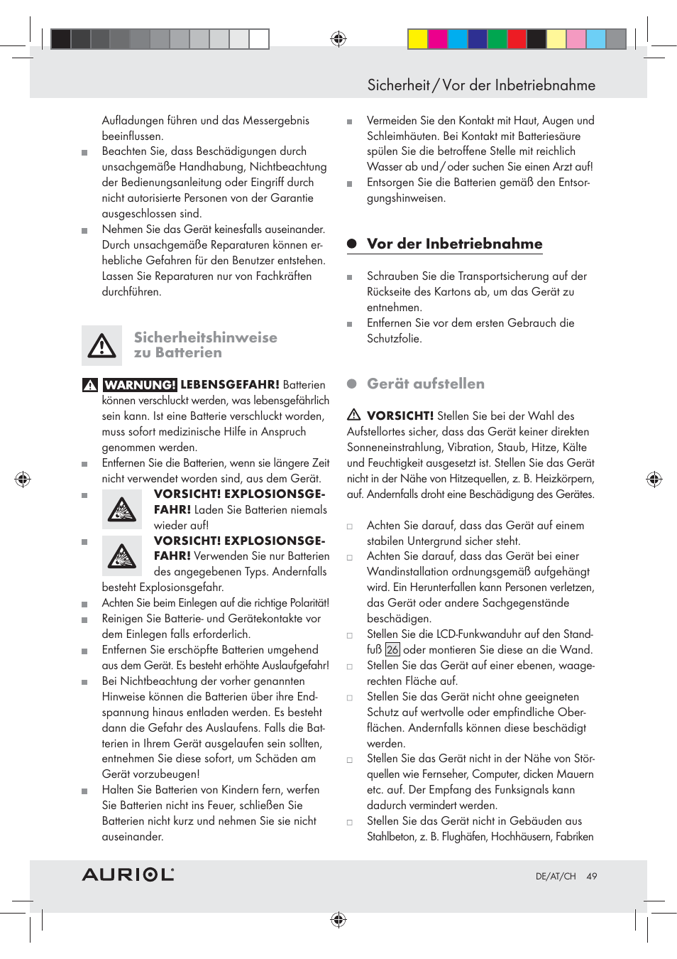 Sicherheit / vor der inbetriebnahme, Sicherheitshinweise zu batterien, Vor der inbetriebnahme | Gerät aufstellen | Auriol Z30237B_C User Manual | Page 49 / 56
