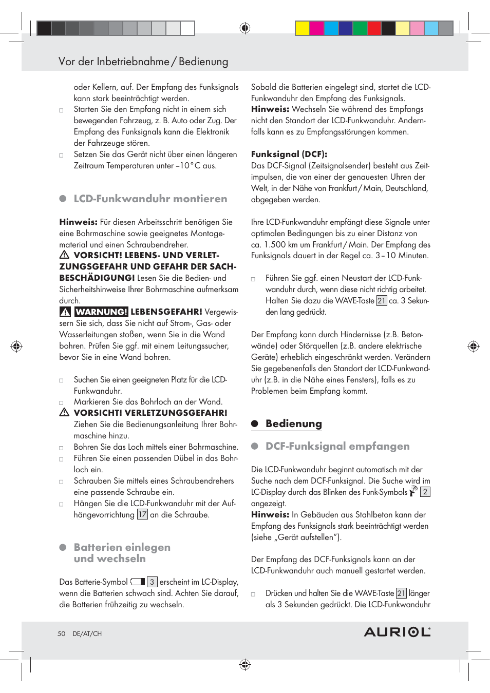 Vor der inbetriebnahme / bedienung, Lcd-funkwanduhr montieren, Batterien einlegen und wechseln | Bedienung dcf-funksignal empfangen | Auriol Z30237B_C User Manual | Page 50 / 56