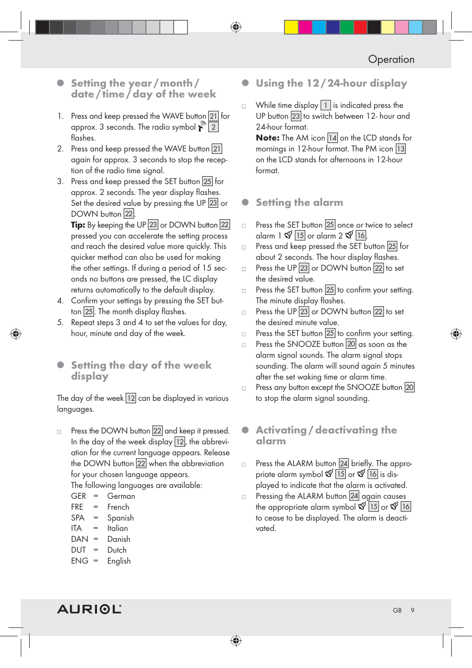 Operation, Setting the day of the week display, Using the 12 / 24-hour display | Setting the alarm, Activating / deactivating the alarm | Auriol Z30237B_C User Manual | Page 9 / 56
