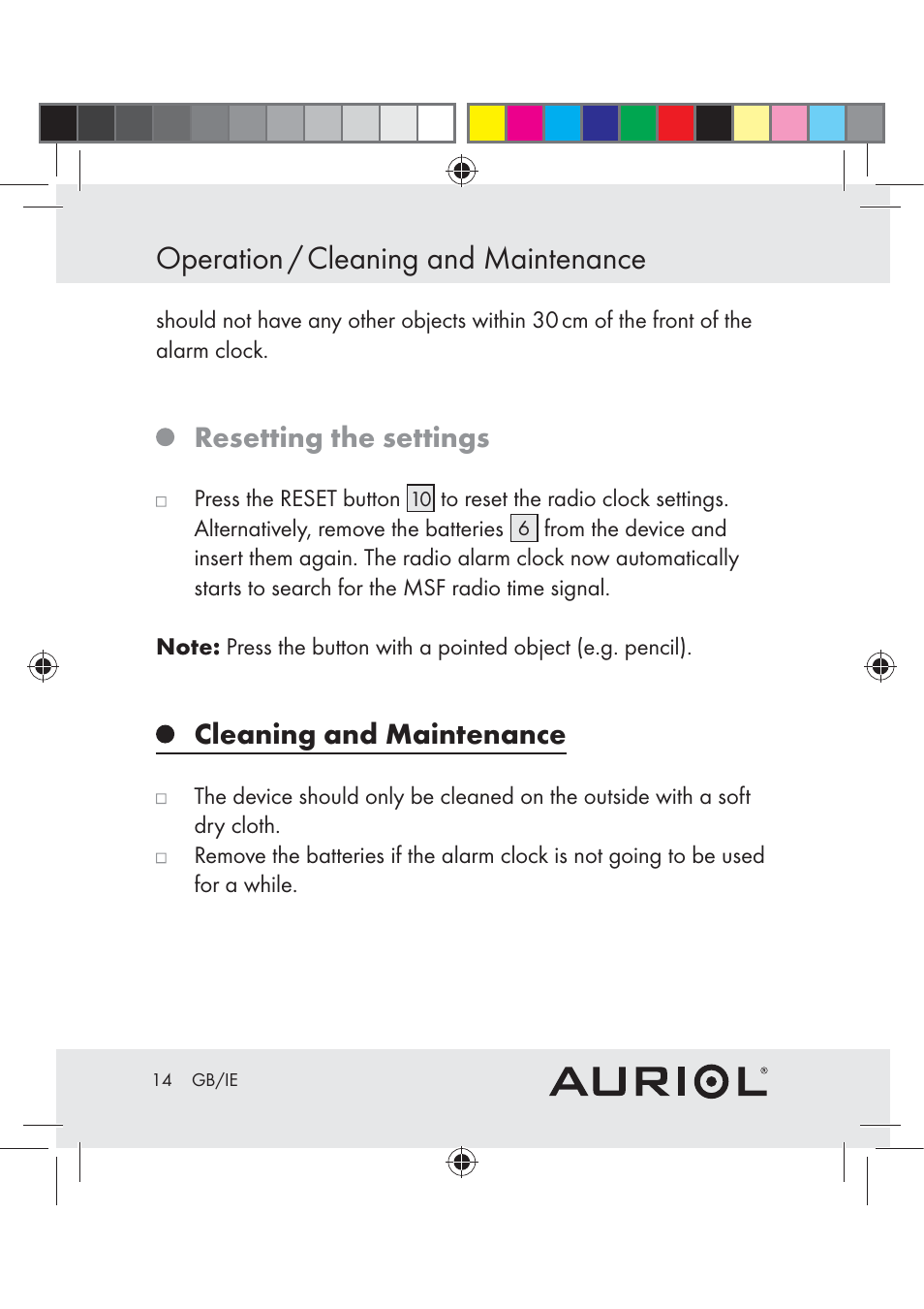 Operation / cleaning and maintenance, Resetting the settings, Cleaning and maintenance | Auriol Z30239A-BS User Manual | Page 14 / 17