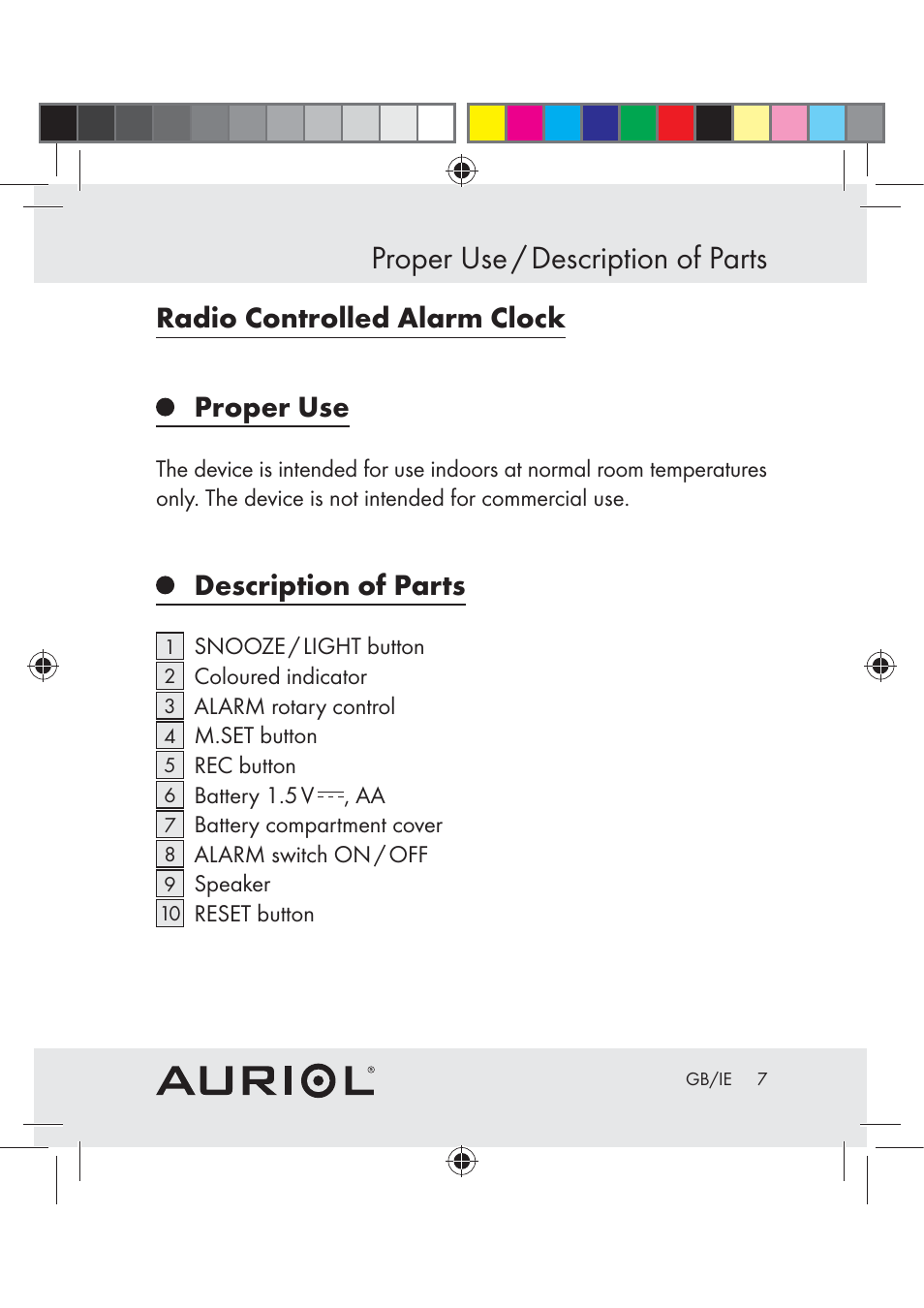 Proper use / description of parts, Radio controlled alarm clock proper use, Description of parts | Auriol Z30239A-BS User Manual | Page 7 / 17