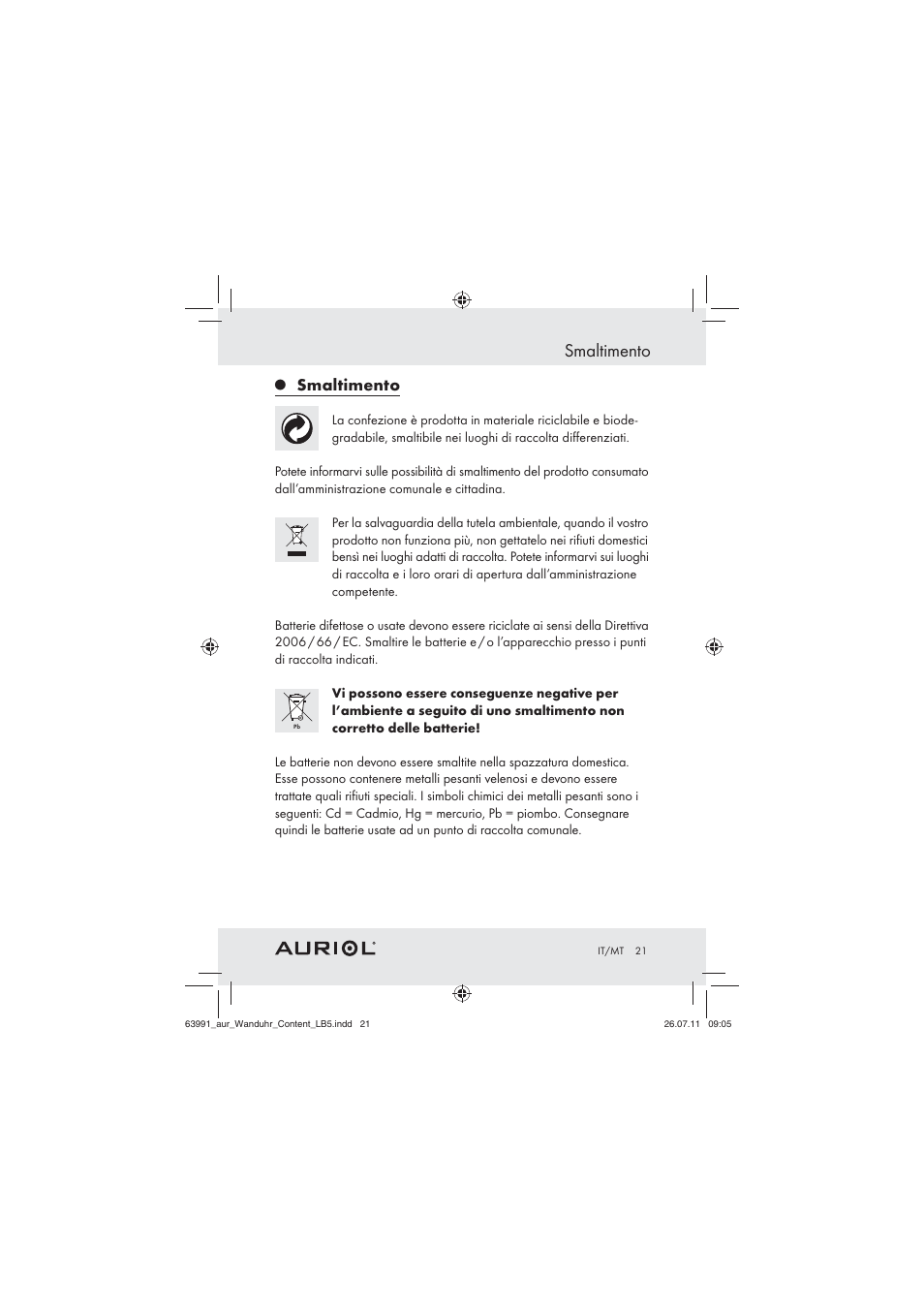 Smaltimento | Auriol Z29955A User Manual | Page 19 / 47