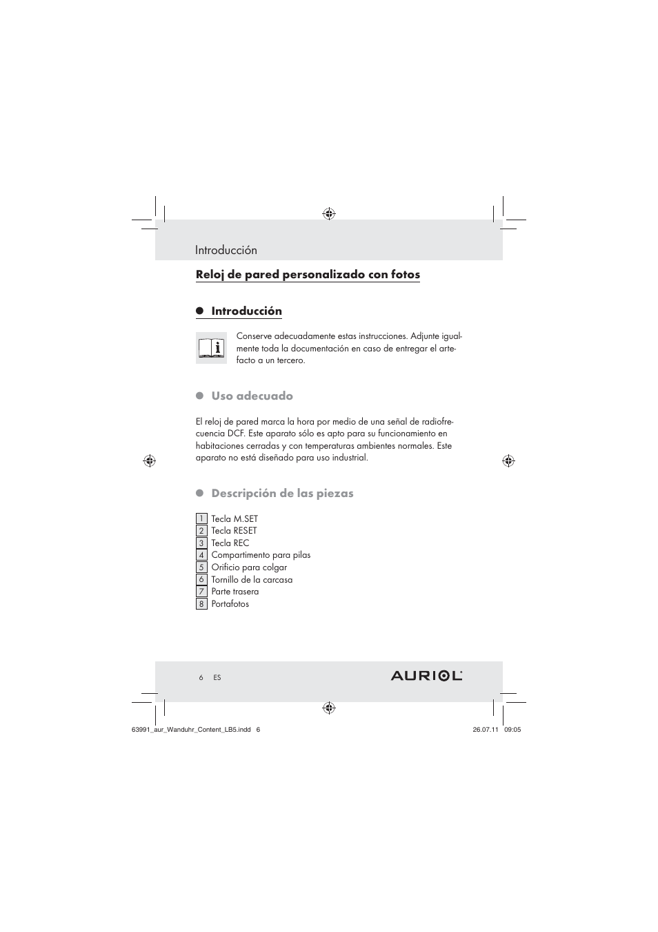 Introducción, Reloj de pared personalizado con fotos, Uso adecuado | Descripción de las piezas | Auriol Z29955A User Manual | Page 4 / 47