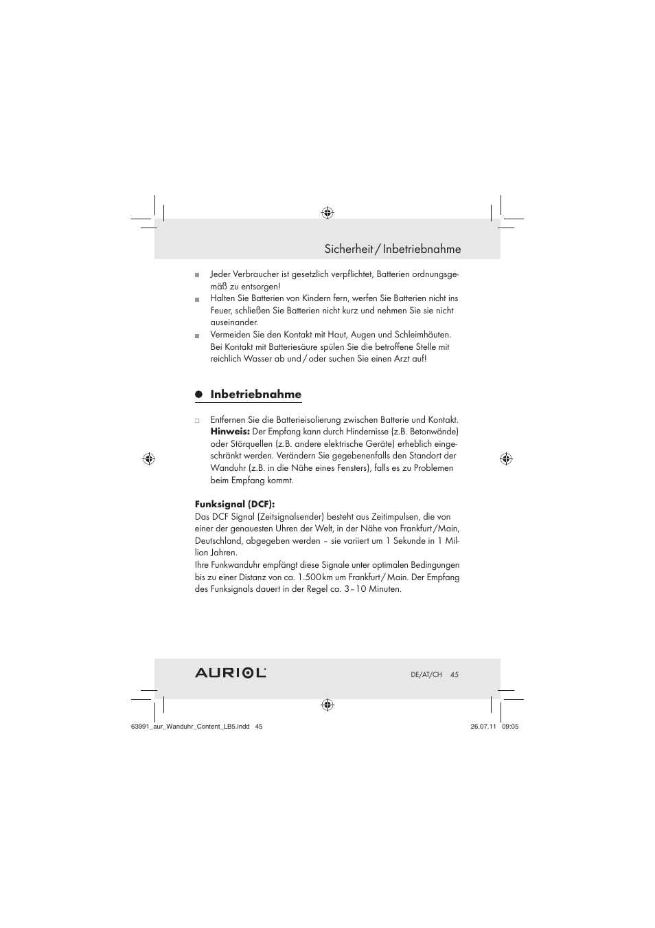 Sicherheit / inbetriebnahme, Inbetriebnahme | Auriol Z29955A User Manual | Page 43 / 47