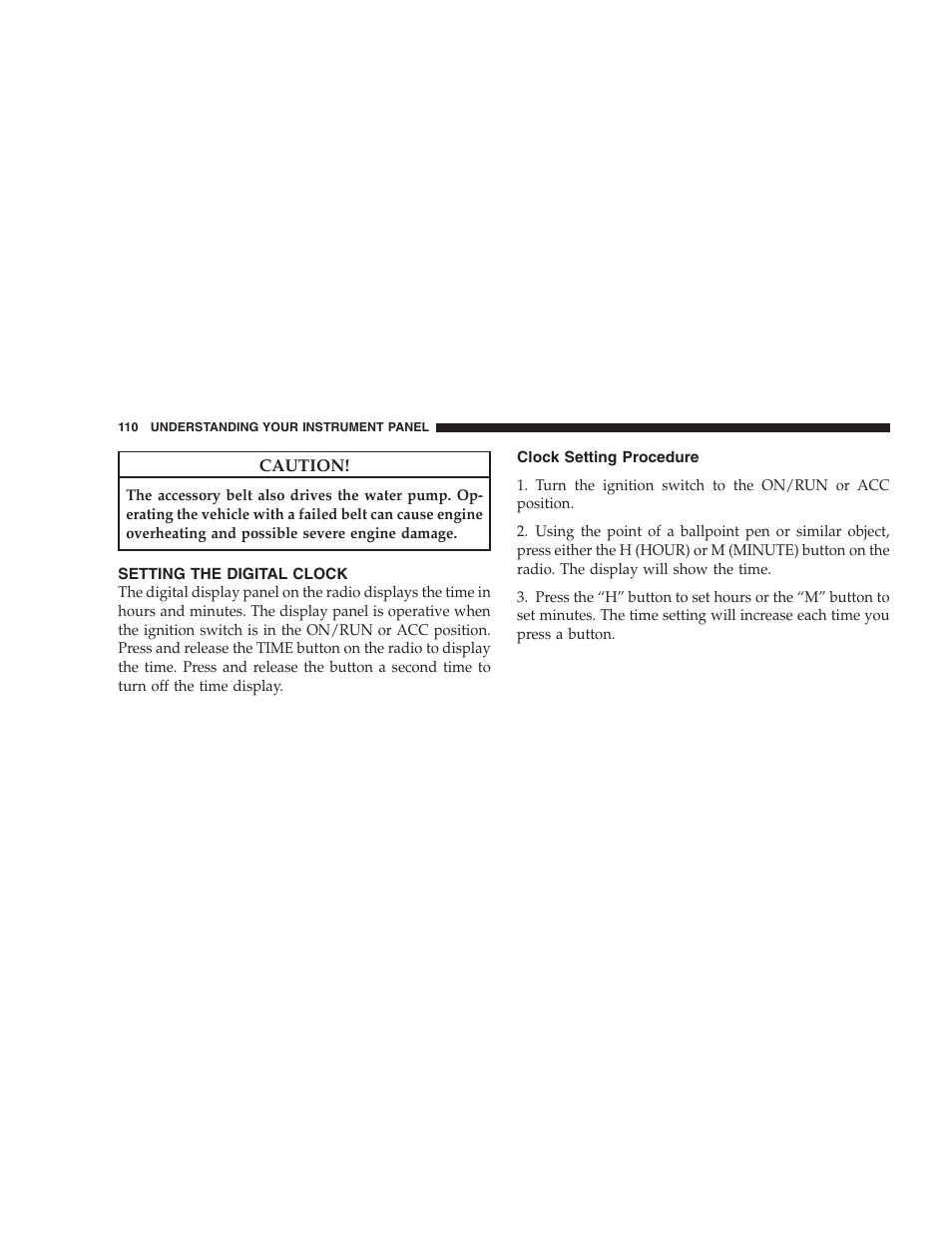 Setting the digital clock, Clock setting procedure | Dodge 2009 Viper User Manual | Page 112 / 299