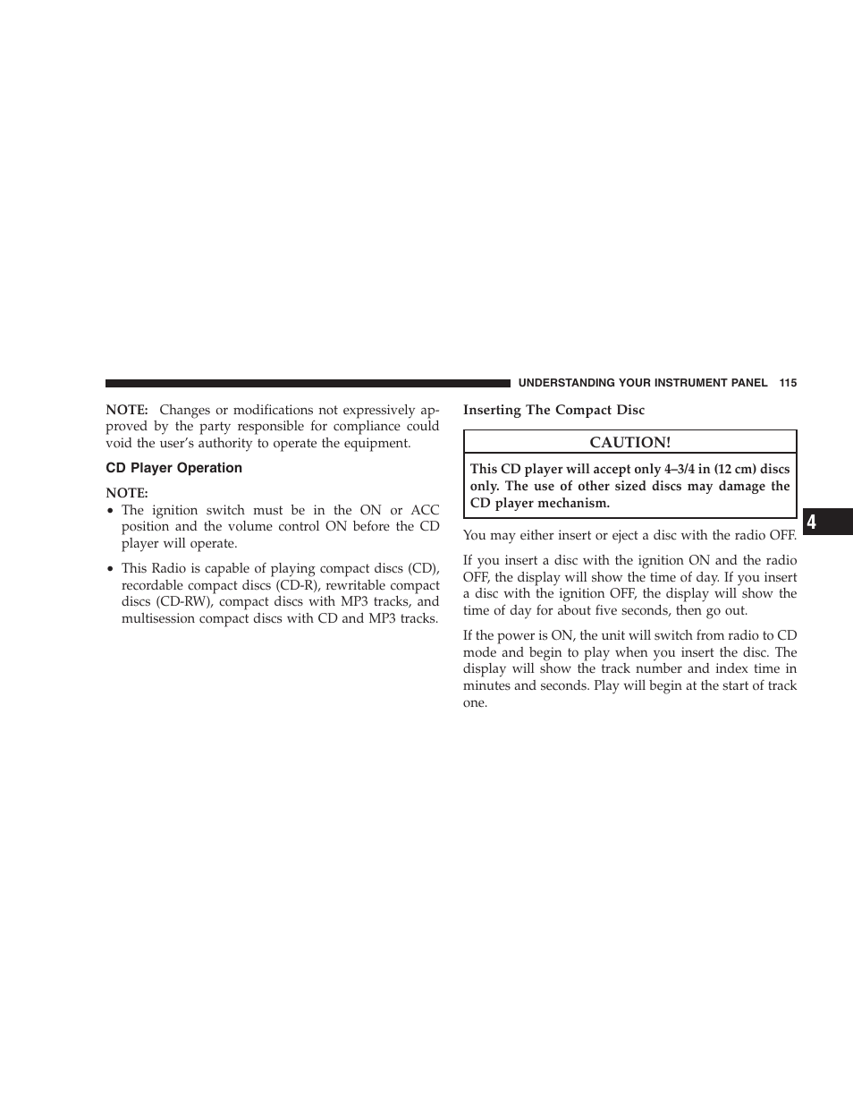 Cd player operation | Dodge 2009 Viper User Manual | Page 117 / 299
