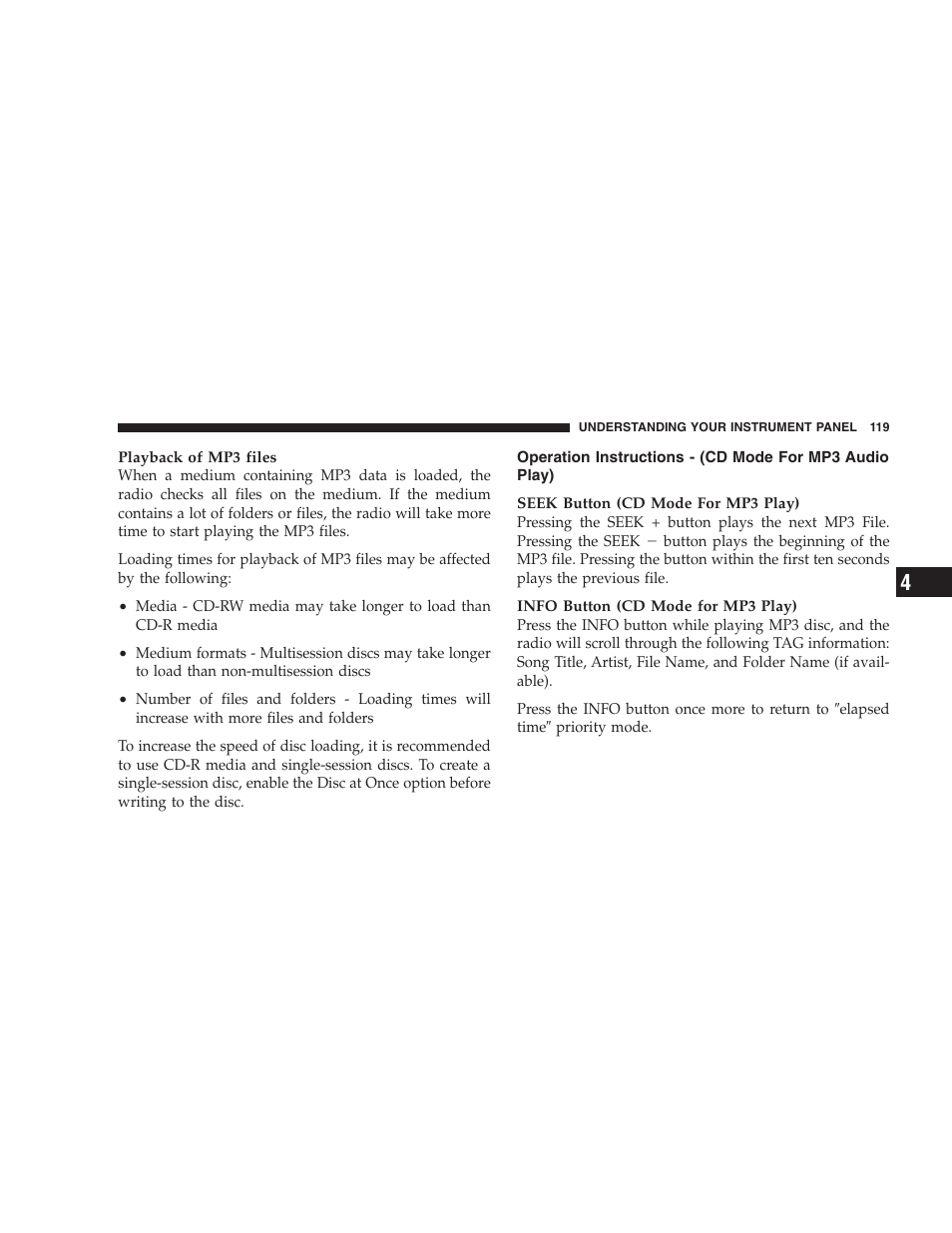 Operation instructions - (cd mode for mp3, Audio play) | Dodge 2009 Viper User Manual | Page 121 / 299