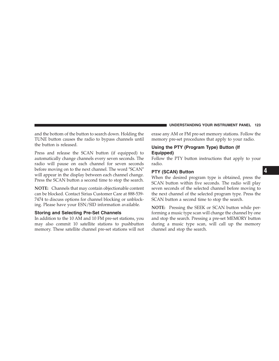 Storing and selecting pre-set channels, Using the pty (program type) button (if equipped), Pty (scan) button | Using the pty (program type) button, If equipped) | Dodge 2009 Viper User Manual | Page 125 / 299