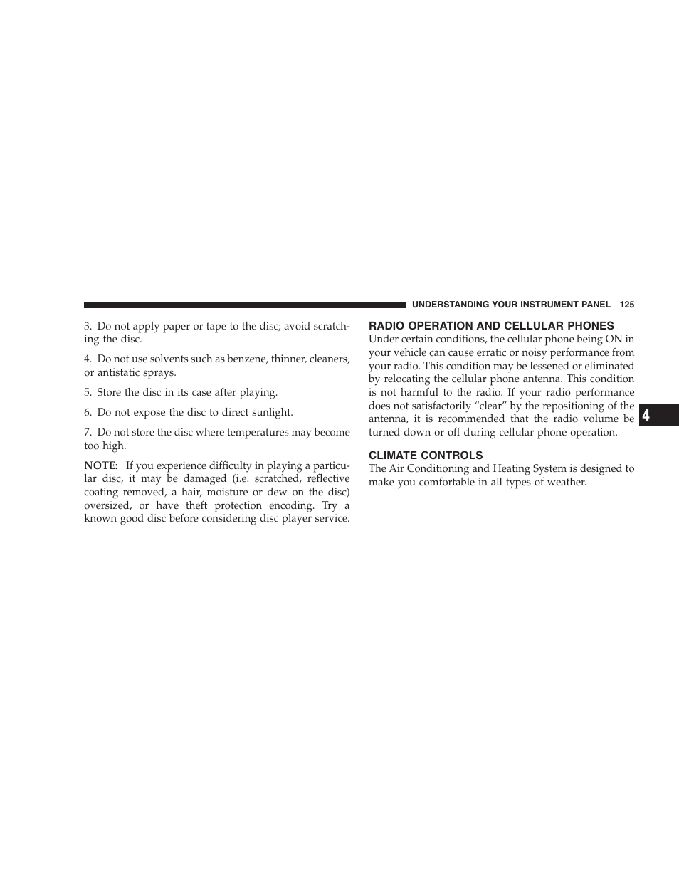 Radio operation and cellular phones, Climate controls | Dodge 2009 Viper User Manual | Page 127 / 299