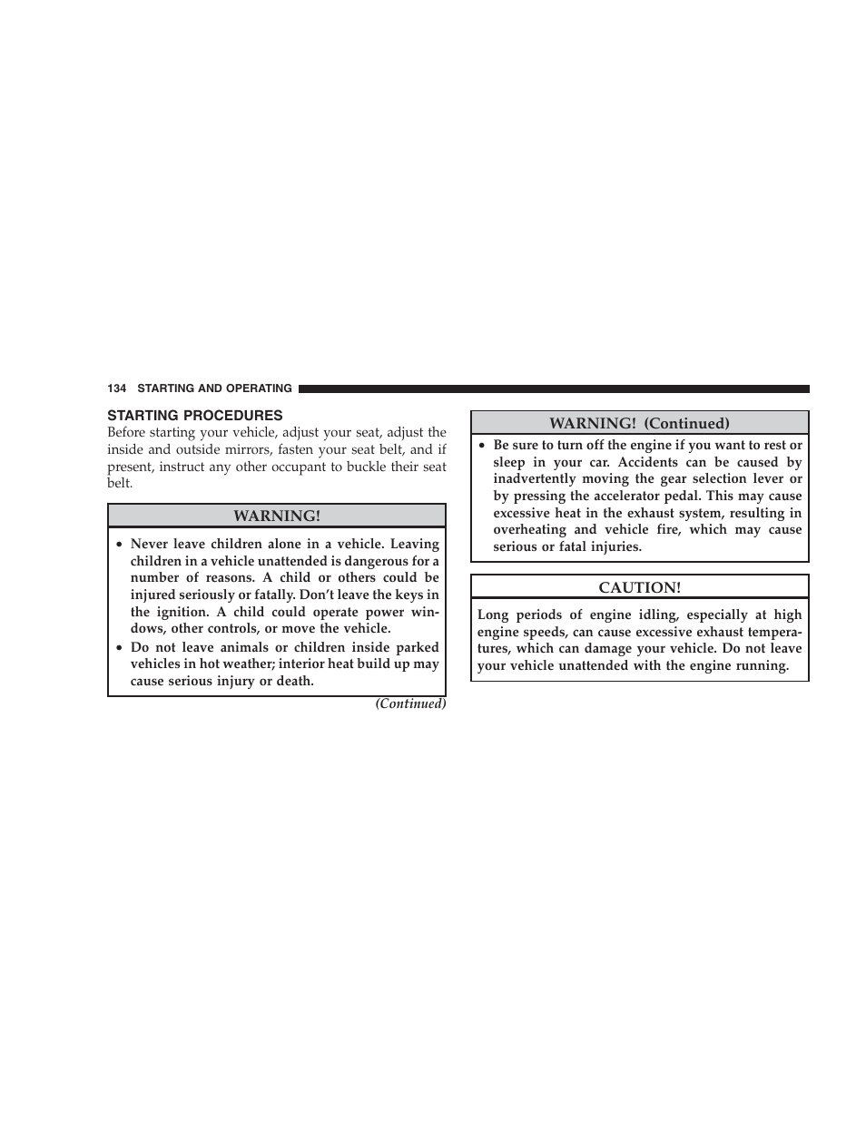 Starting procedures | Dodge 2009 Viper User Manual | Page 136 / 299