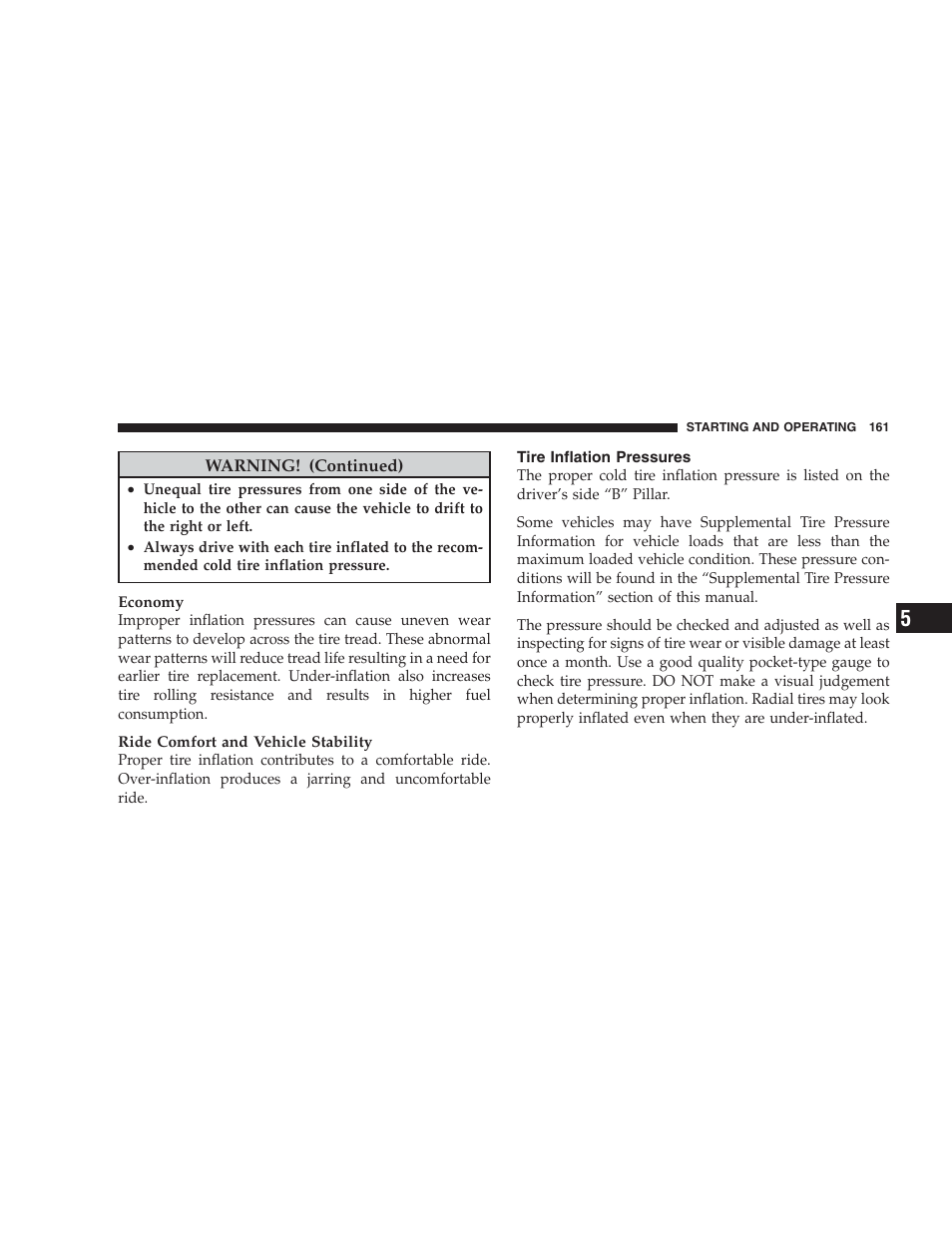 Tire inflation pressures | Dodge 2009 Viper User Manual | Page 163 / 299