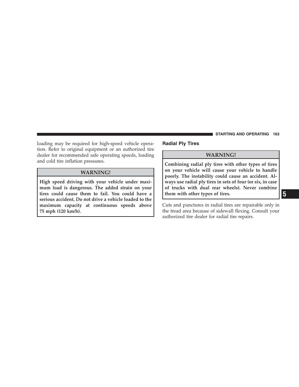 Radial ply tires | Dodge 2009 Viper User Manual | Page 165 / 299