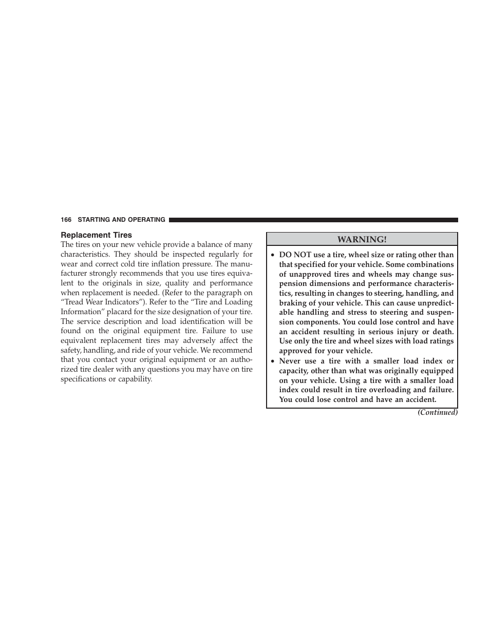 Replacement tires | Dodge 2009 Viper User Manual | Page 168 / 299