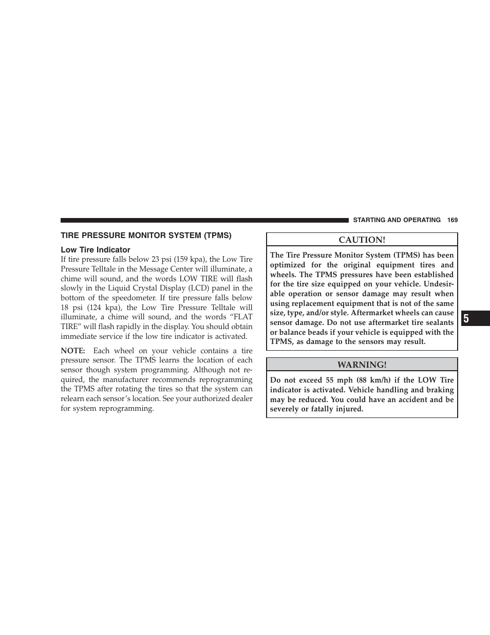 Tire pressure monitor system (tpms), Low tire indicator | Dodge 2009 Viper User Manual | Page 171 / 299