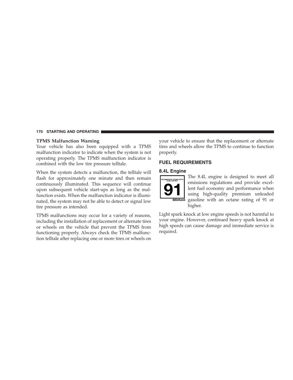 Fuel requirements, 4l engine | Dodge 2009 Viper User Manual | Page 172 / 299