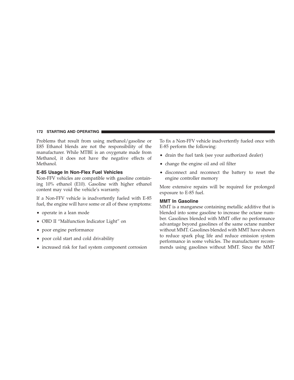 E-85 usage in non-flex fuel vehicles, Mmt in gasoline | Dodge 2009 Viper User Manual | Page 174 / 299
