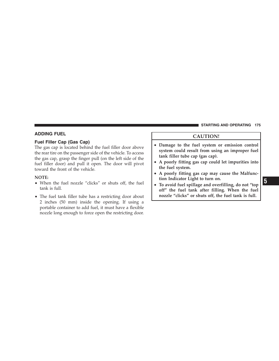 Adding fuel, Fuel filler cap (gas cap) | Dodge 2009 Viper User Manual | Page 177 / 299