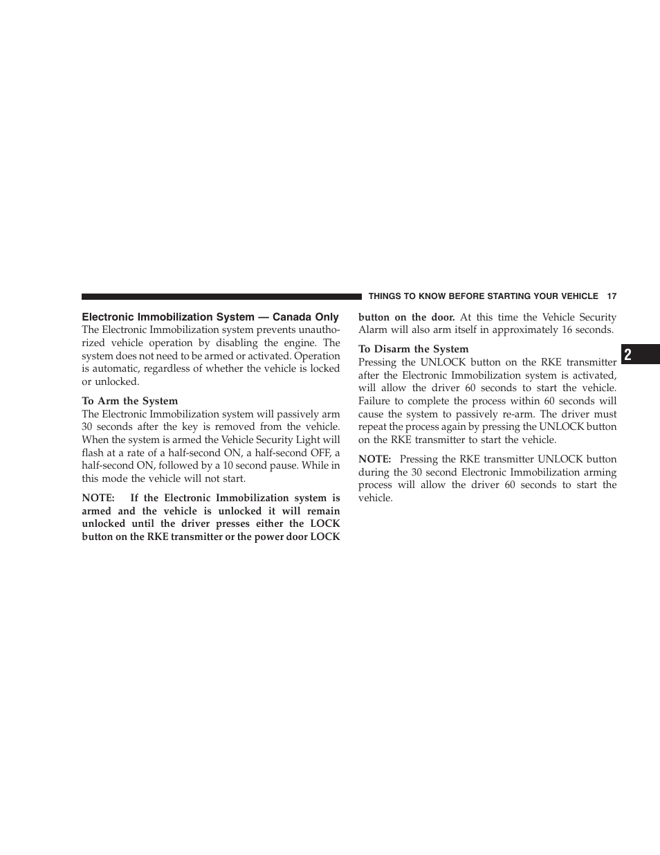 Electronic immobilization system - canada only, Illuminated entry system, Electronic immobilization system | Canada only | Dodge 2009 Viper User Manual | Page 19 / 299